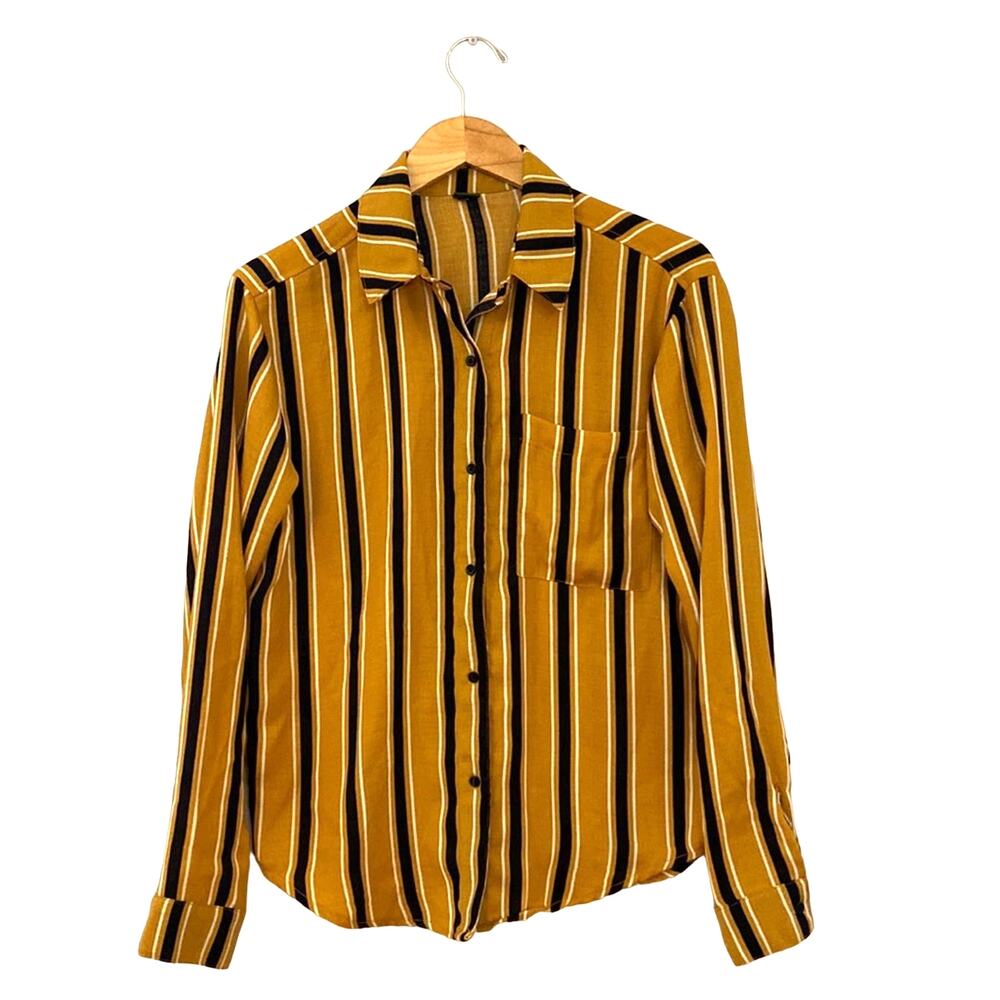 Wild Fable Women's Size Small Vertical Retro Striped Button-Down Shirt Mustard
